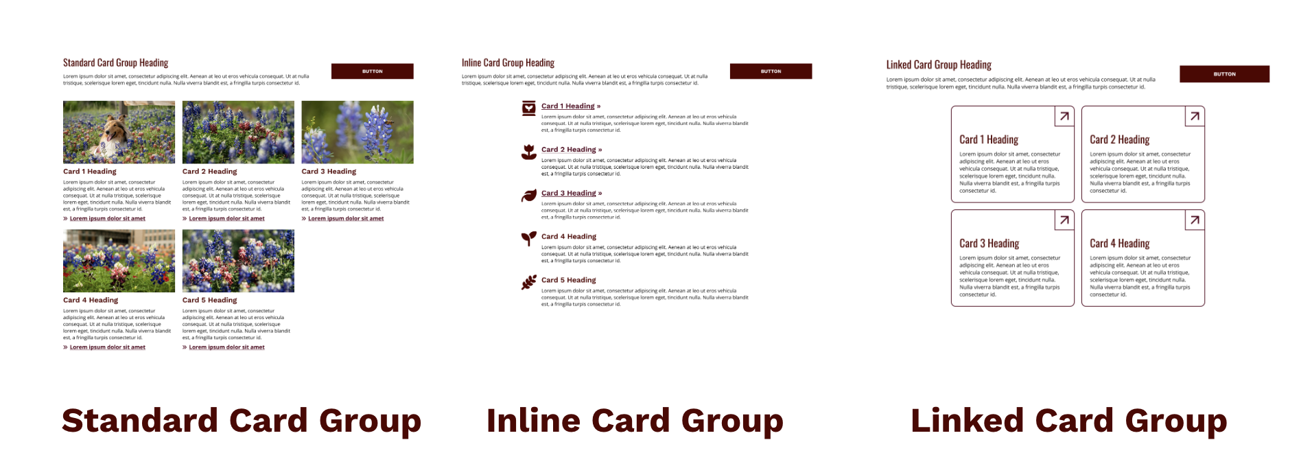 Three card group layouts displayed, from left to right: standard cards where cards are arranged vertically, inline cards where cards are arranged horizontally, and linked cards