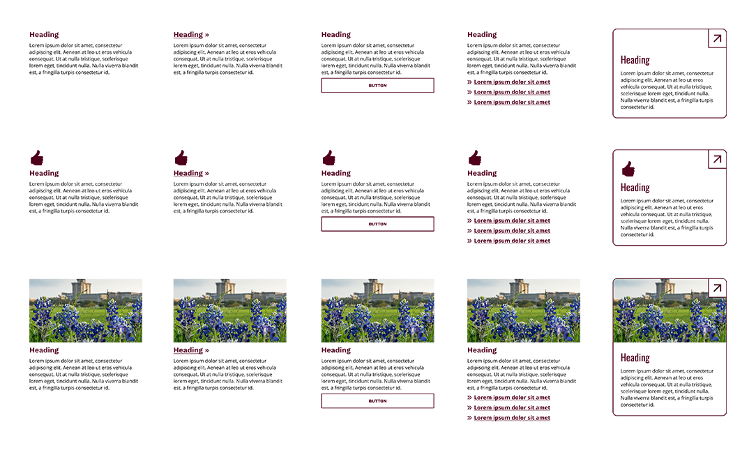 Grid of screenshots showing the numerous ways that cards can appear when used on a webpage designed with Aggie UX