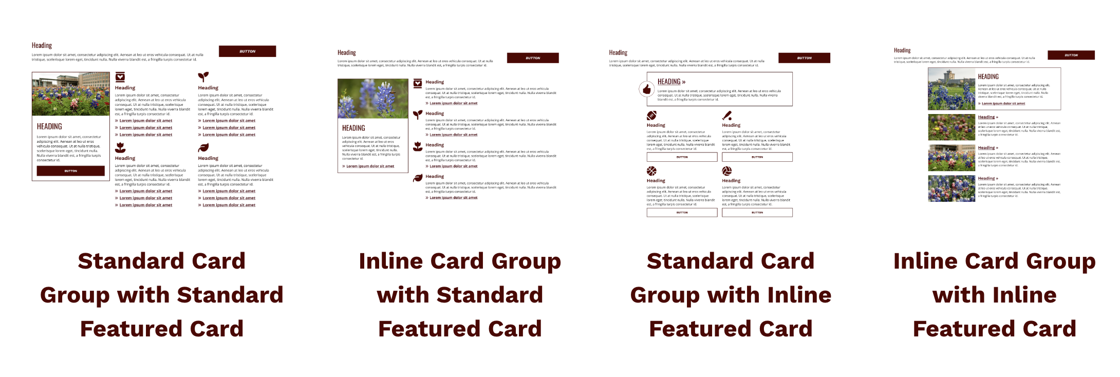 Example of different ways featured card groups can be laid out in Aggie UX