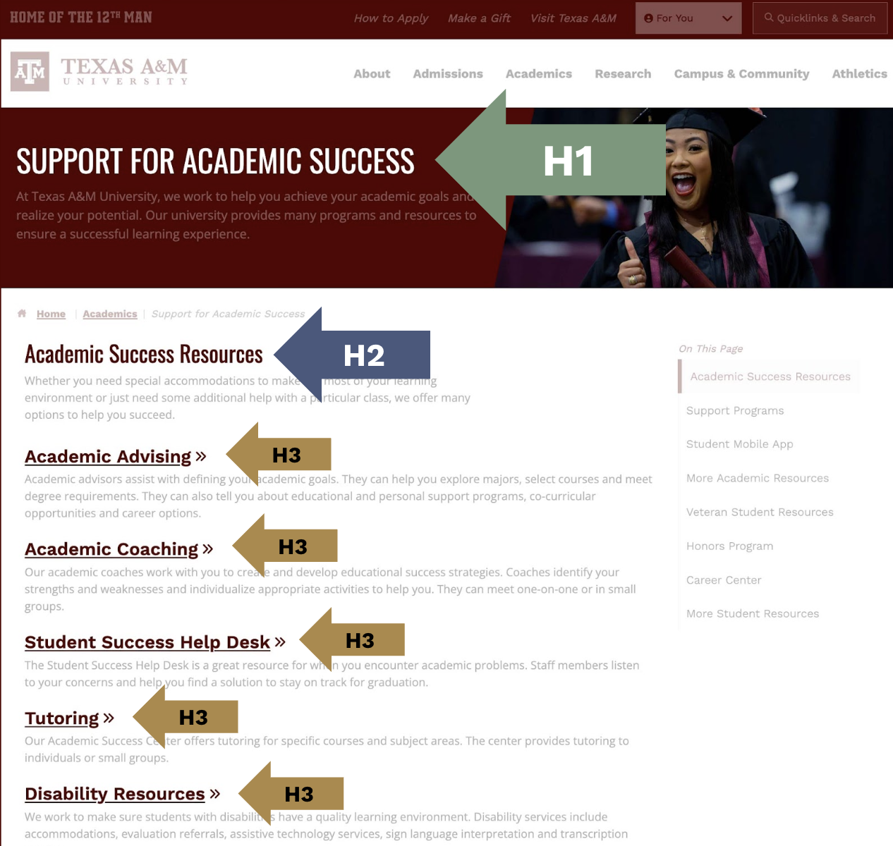 Screenshot emphasizing how headings should be ordered hierarchically on a webpage