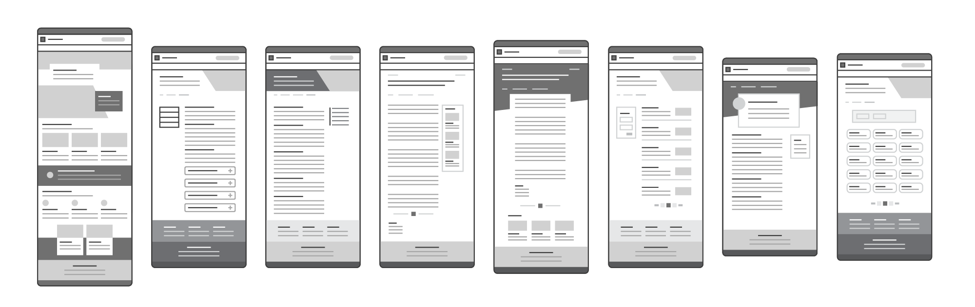 A set of black and white mockups showing the different Aggie UX page types