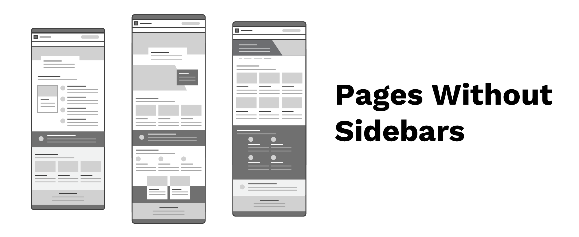 Black and white wireframes of the Aggie UX page types without sidebars