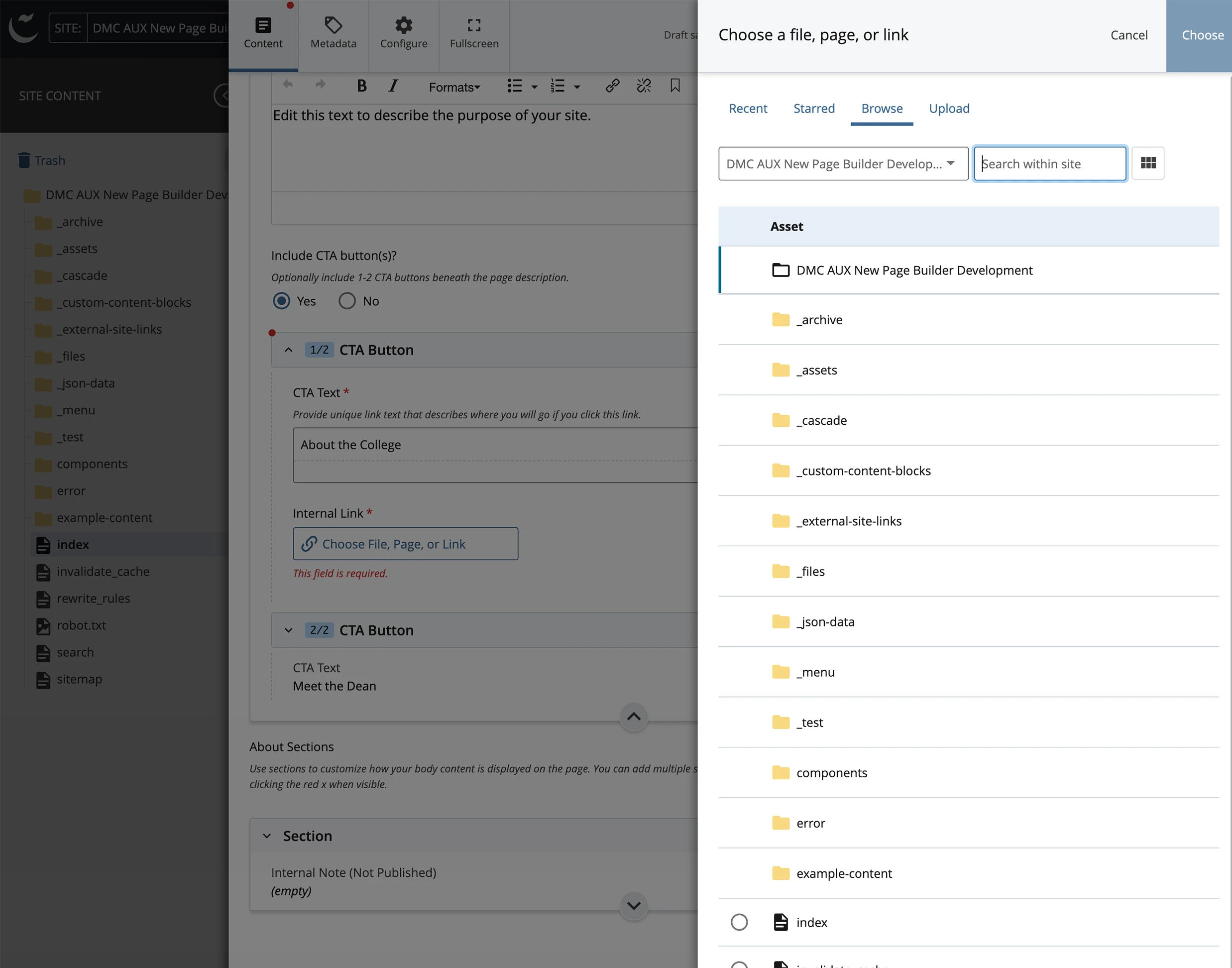 Screenshot showing the panel that opens to allows you to look for internal assets to link to