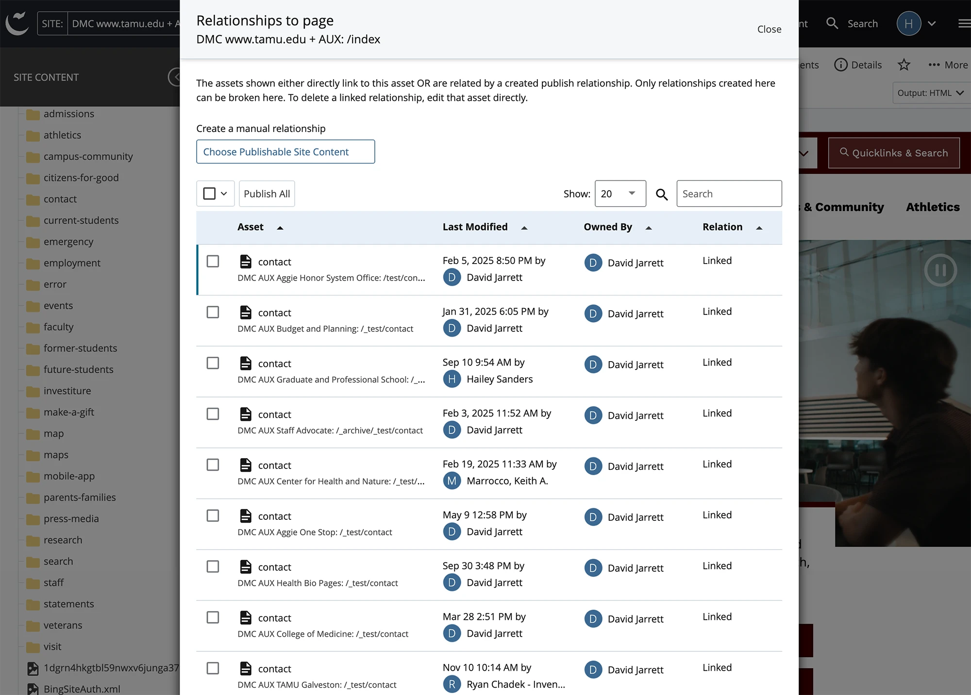 Screenshot showing the open relationship panel for an asset