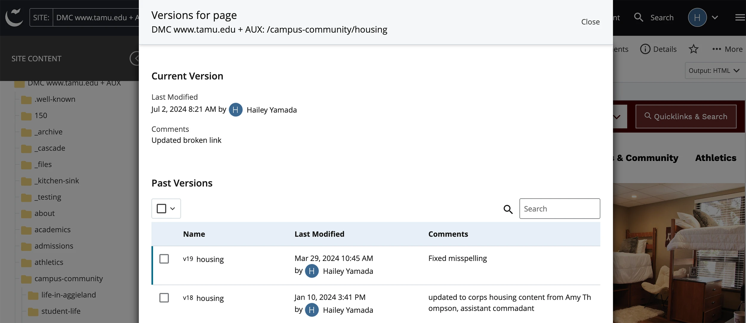 Screenshot of the modal window that display past versions and their associated comments