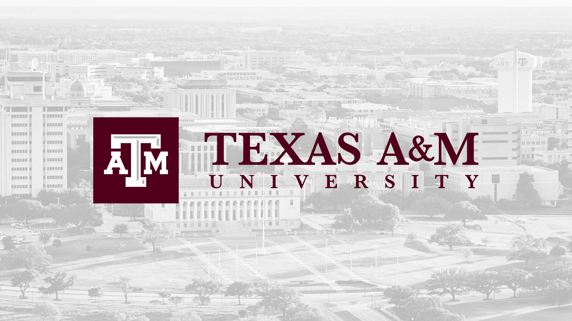 Texas A&M University logo over the campus skyline
