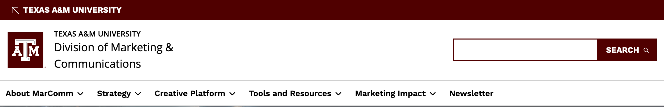 Site header featuring the Division of Marketing and Communications logo in the left corner
