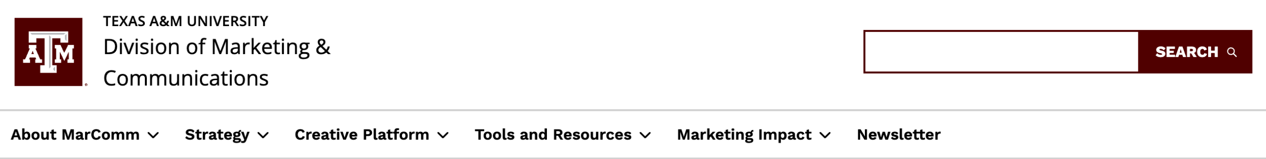 Primary navigation featuring a Texas A&M lockup, search bar and navigation items