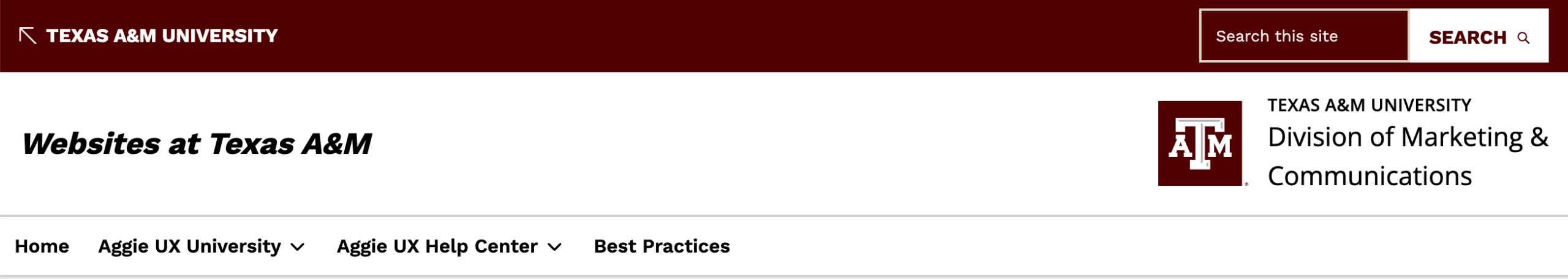 Site header with a plain text site name in the left corner and the Division of Marketing and Communications logo in the right corner
